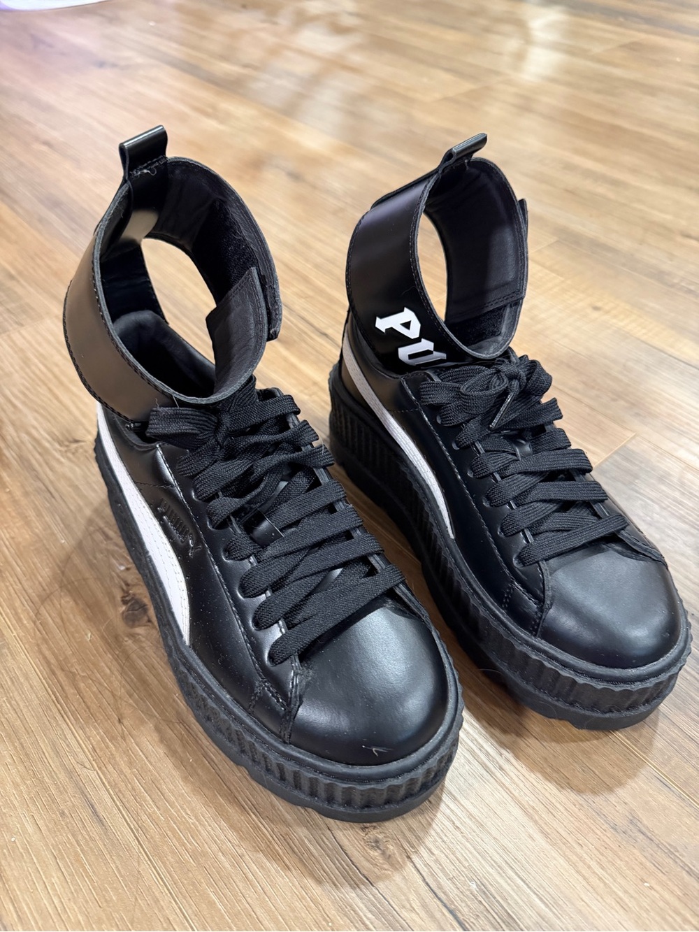 Puma x Fenty Black and White High-Top Platform Sneakers with Ankle Strap
